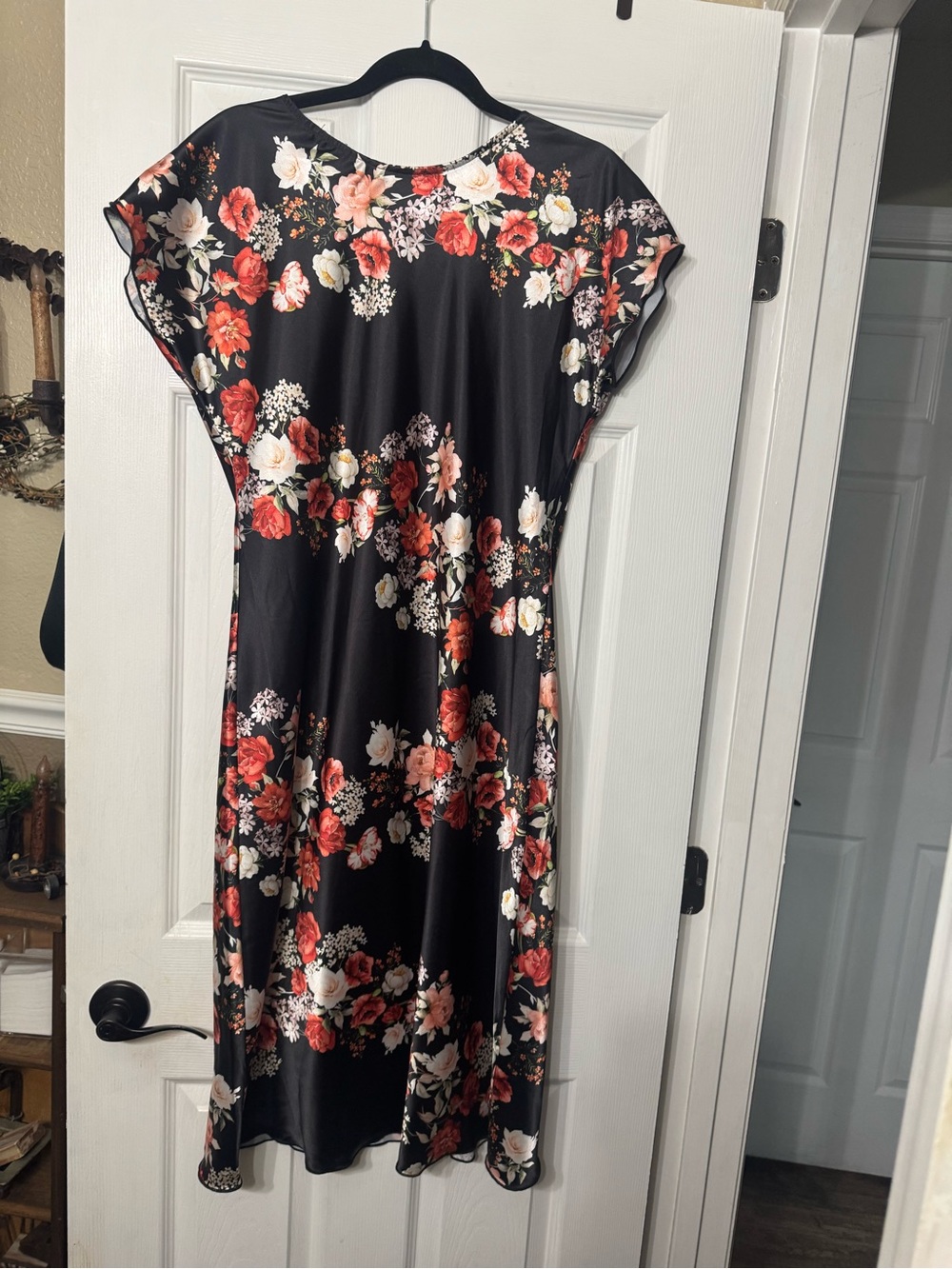 bebe Black Midi Dress with Red & Cream Floral Print